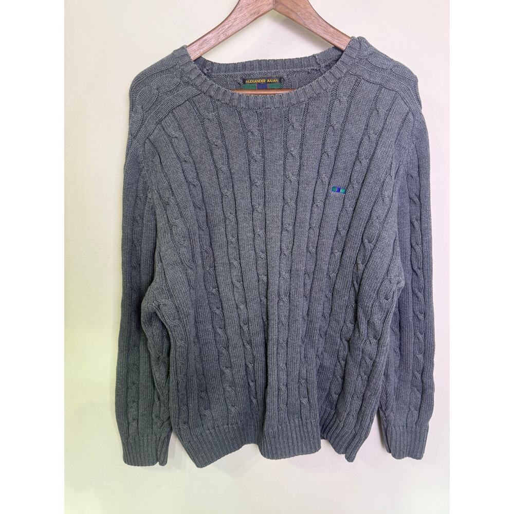 Alexander Julian Colours Gray Cable Knit Cotton Sweater Men’s L Vintage